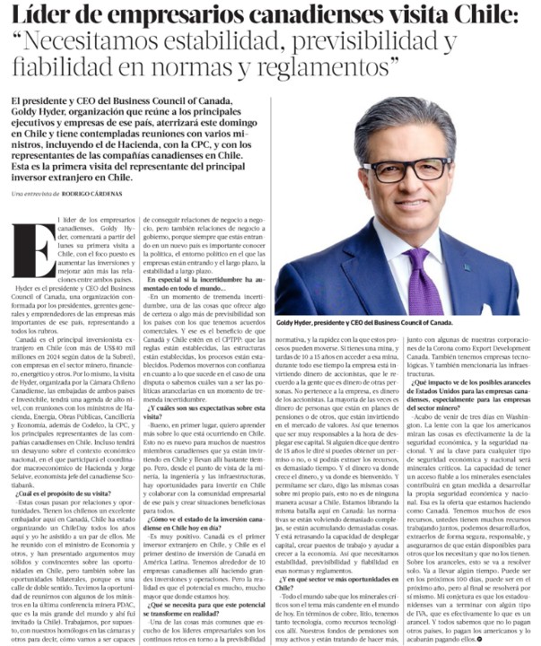 Líder de empresarios canadienses visita Chile