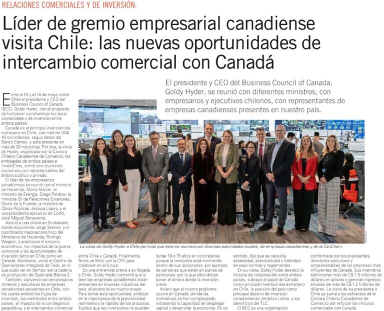 Líder de gremio empresarial canadiense visita Chile: las nuevas oportunidades de intercambio comercial con Canadá: